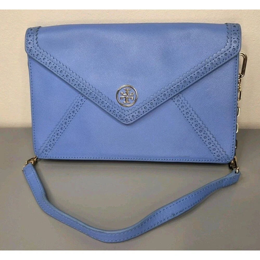Tory Burch Envelope Clutch Crossbody Chain Purse Handbag Periwinkle Blue